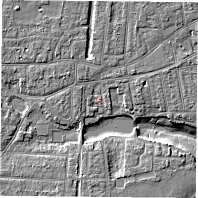 Shaded relief map of the ground around PO121QH, computed from Environment Agency LiDAR. The ground here sits at about 4 m above sea level and falls 8 m across the surrounding 800 m. Surface water reaching this point runs off ground lying to the north-north-west, 2.5 m higher.