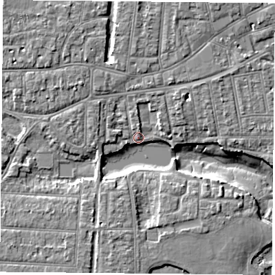 Shaded relief map of the ground around PO121QJ, computed from Environment Agency LiDAR. The ground here sits at about 3 m above sea level and falls 8 m across the surrounding 800 m. Surface water reaching this point runs off ground lying to the north, 1.9 m higher.