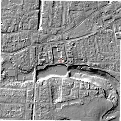 Shaded relief map of the ground around PO121QL, computed from Environment Agency LiDAR. The ground here sits at about 3 m above sea level and falls 8 m across the surrounding 800 m. Surface water reaching this point runs off ground lying to the north-north-west, 2.3 m higher.