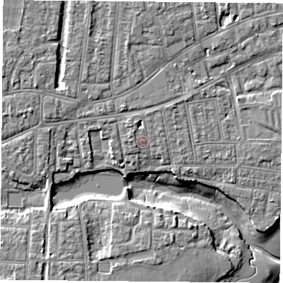 Shaded relief map of the ground around PO121QU, computed from Environment Agency LiDAR. The ground here sits at about 4 m above sea level and falls 8 m across the surrounding 800 m. Surface water reaching this point runs off ground lying to the north-north-east, 0.9 m higher.