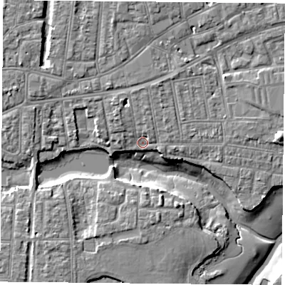 Shaded relief map of the ground around PO121QX, computed from Environment Agency LiDAR. The ground here sits at about 3 m above sea level and falls 8 m across the surrounding 800 m. Surface water reaching this point runs off ground lying to the north-north-west, 2.2 m higher.