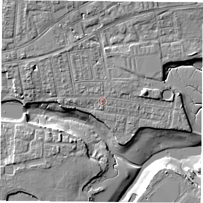 Shaded relief map of the ground around PO121QZ, computed from Environment Agency LiDAR. The ground here sits at about 4 m above sea level and falls 8 m across the surrounding 800 m. Surface water reaching this point runs off ground lying to the north-west, 0.7 m higher.
