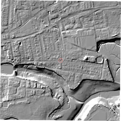 Shaded relief map of the ground around PO121RA, computed from Environment Agency LiDAR. The ground here sits at about 4 m above sea level and falls 8 m across the surrounding 800 m. Surface water reaching this point runs off ground lying to the west-north-west, 0.7 m higher.