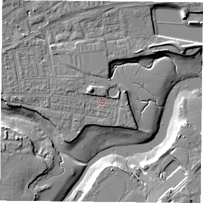 Shaded relief map of the ground around PO121RB, computed from Environment Agency LiDAR. The ground here sits at about 3 m above sea level and falls 10 m across the surrounding 800 m. Surface water reaching this point runs off ground lying to the north-west, 3.4 m higher.