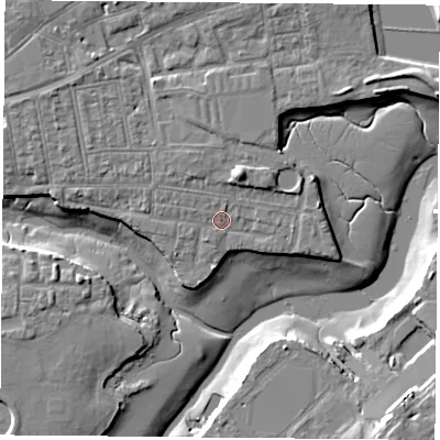 Shaded relief map of the ground around PO121RD, computed from Environment Agency LiDAR. The ground here sits at about 3 m above sea level and falls 10 m across the surrounding 800 m. Surface water reaching this point runs off ground lying to the west-north-west, 1.2 m higher.