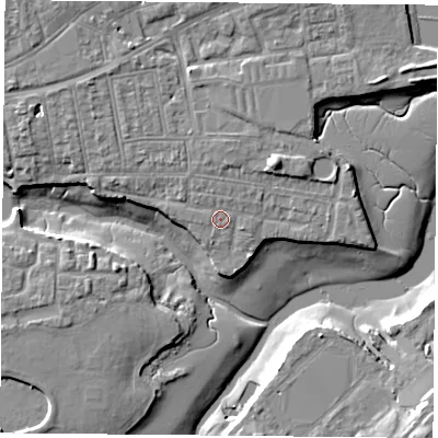 Shaded relief map of the ground around PO121RE, computed from Environment Agency LiDAR. The ground here sits at about 4 m above sea level and falls 10 m across the surrounding 800 m. Surface water reaching this point runs off ground lying to the north-west, 0.7 m higher.