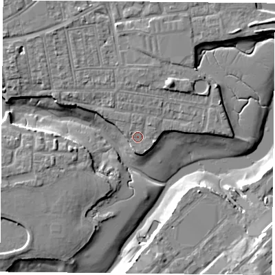 Shaded relief map of the ground around PO121RG, computed from Environment Agency LiDAR. The ground here sits at about 3 m above sea level and falls 10 m across the surrounding 800 m. Surface water reaching this point runs off ground lying to the north-west, 0.7 m higher.