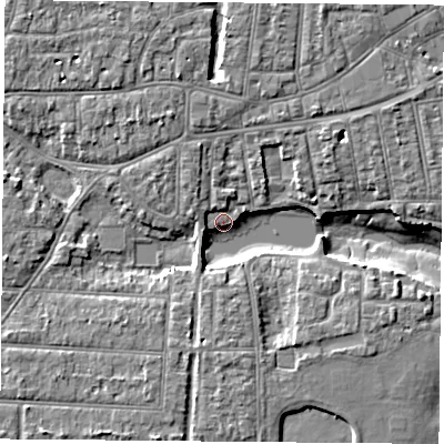 Shaded relief map of the ground around PO121SR, computed from Environment Agency LiDAR. The ground here sits at about 3 m above sea level and falls 8 m across the surrounding 800 m. Surface water reaching this point runs off ground lying to the north-north-west, 3.9 m higher.