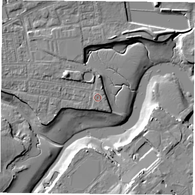 Shaded relief map of the ground around PO121SU, computed from Environment Agency LiDAR. The ground here sits at about 3 m above sea level and falls 10 m across the surrounding 800 m. Surface water reaching this point runs off ground lying to the north-west, 3.1 m higher.