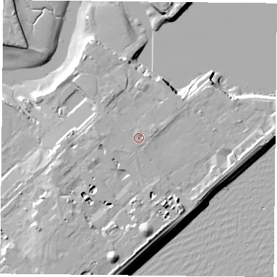 Shaded relief map of the ground around PO122AB, computed from Environment Agency LiDAR. The ground here sits at about 5 m above sea level and falls 13 m across the surrounding 800 m. Surface water reaching this point runs off ground lying to the south-south-west, 1.2 m higher.