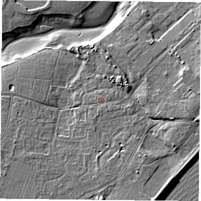 Shaded relief map of the ground around PO122AH, computed from Environment Agency LiDAR. The ground here sits at about 4 m above sea level and falls 10 m across the surrounding 800 m. Surface water reaching this point runs off ground lying to the south, 0.9 m higher.