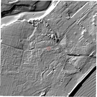 Shaded relief map of the ground around PO122AJ, computed from Environment Agency LiDAR. The ground here sits at about 4 m above sea level and falls 11 m across the surrounding 800 m. Surface water reaching this point runs off ground lying to the west-south-west, 1.1 m higher.