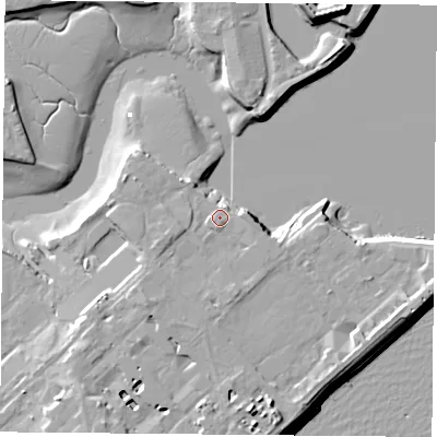 Shaded relief map of the ground around PO122AQ, computed from Environment Agency LiDAR. The ground here sits at about 4 m above sea level and falls 12 m across the surrounding 800 m. Surface water reaching this point runs off ground lying to the south-south-east, 3.5 m higher.