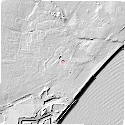 Shaded relief map of the ground around PO122AR, computed from Environment Agency LiDAR. The ground here sits at about 5 m above sea level and falls 12 m across the surrounding 800 m. Surface water reaching this point runs off ground lying to the south, 0.8 m higher.