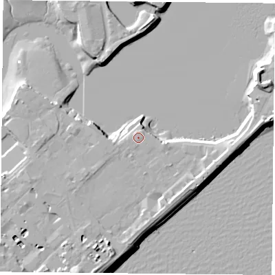 Shaded relief map of the ground around PO122AS, computed from Environment Agency LiDAR. The ground here sits at about 4 m above sea level and falls 13 m across the surrounding 800 m. Surface water reaching this point runs off ground lying to the south-south-west, 7.6 m higher.