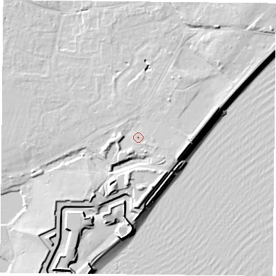 Shaded relief map of the ground around PO122AT, computed from Environment Agency LiDAR. The ground here sits at about 5 m above sea level and falls 12 m across the surrounding 800 m. Surface water reaching this point runs off ground lying to the east-south-east, 3.8 m higher.