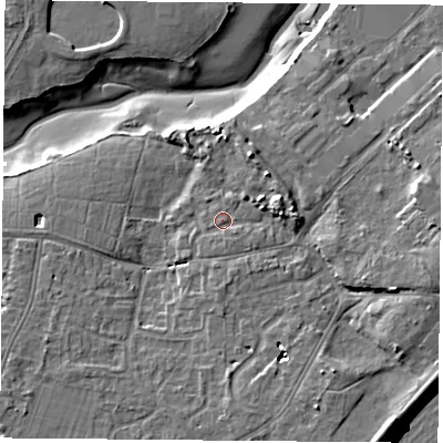 Shaded relief map of the ground around PO122AX, computed from Environment Agency LiDAR. The ground here sits at about 4 m above sea level and falls 10 m across the surrounding 800 m. Surface water reaching this point runs off ground lying to the south, 0.9 m higher.