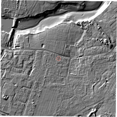 Shaded relief map of the ground around PO122AZ, computed from Environment Agency LiDAR. The ground here sits at about 4 m above sea level and falls 9 m across the surrounding 800 m. Surface water reaching this point runs off ground lying to the west-south-west, 2.5 m higher.