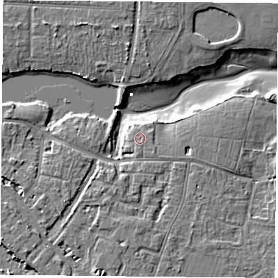 Shaded relief map of the ground around PO122BD, computed from Environment Agency LiDAR. The ground here sits at about 4 m above sea level and falls 9 m across the surrounding 800 m. Surface water reaching this point runs off ground lying to the south-east, 1.0 m higher.