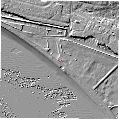 Shaded relief map of the ground around PO122BL, computed from Environment Agency LiDAR. The ground here sits at about 3 m above sea level and falls 9 m across the surrounding 800 m. The ground contributing surface water to this point lies to the south-south-east.