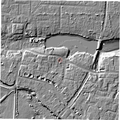 Shaded relief map of the ground around PO122BY, computed from Environment Agency LiDAR. The ground here sits at about 3 m above sea level and falls 7 m across the surrounding 800 m. Surface water reaching this point runs off ground lying to the west-south-west, 3.4 m higher.