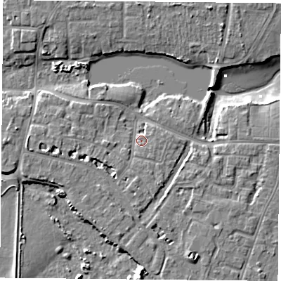Shaded relief map of the ground around PO122DA, computed from Environment Agency LiDAR. The ground here sits at about 4 m above sea level and falls 10 m across the surrounding 800 m. Surface water reaching this point runs off ground lying to the west, 2.9 m higher.