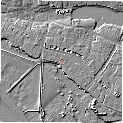 Shaded relief map of the ground around PO122DN, computed from Environment Agency LiDAR. The ground here sits at about 5 m above sea level and falls 12 m across the surrounding 800 m. Surface water reaching this point runs off ground lying to the west, 0.9 m higher.