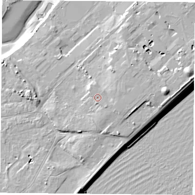 Shaded relief map of the ground around PO122FA, computed from Environment Agency LiDAR. The ground here sits at about 7 m above sea level and falls 13 m across the surrounding 800 m. Surface water reaching this point runs off ground lying to the south-east, 1.5 m higher.