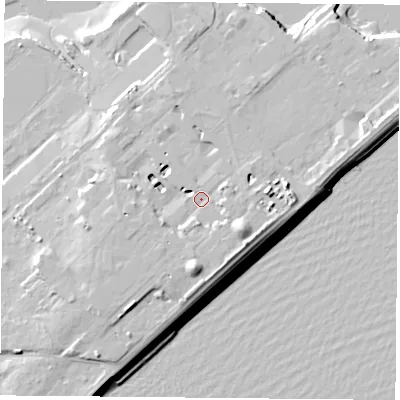 Shaded relief map of the ground around PO122FD, computed from Environment Agency LiDAR. The ground here sits at about 7 m above sea level and falls 13 m across the surrounding 800 m. Surface water reaching this point runs off ground lying to the south-east, 3.5 m higher.