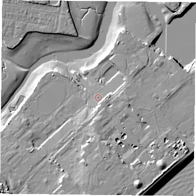 Shaded relief map of the ground around PO122FE, computed from Environment Agency LiDAR. The ground here sits at about 4 m above sea level and falls 13 m across the surrounding 800 m. Surface water reaching this point runs off ground lying to the south-south-east, 3.5 m higher.