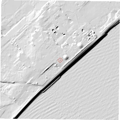 Shaded relief map of the ground around PO122FF, computed from Environment Agency LiDAR. The ground here sits at about 8 m above sea level and falls 13 m across the surrounding 800 m. Surface water reaching this point runs off ground lying to the east-north-east, 3.1 m higher.