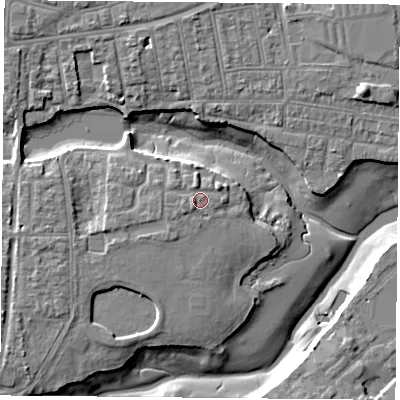 Shaded relief map of the ground around PO122HE, computed from Environment Agency LiDAR. The ground here sits at about 4 m above sea level and falls 8 m across the surrounding 800 m. Surface water reaching this point runs off ground lying to the west-south-west, 1.0 m higher.