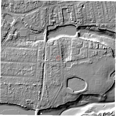 Shaded relief map of the ground around PO122HH, computed from Environment Agency LiDAR. The ground here sits at about 4 m above sea level and falls 8 m across the surrounding 800 m. Surface water reaching this point runs off ground lying to the south-south-west, 1.0 m higher.