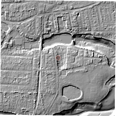Shaded relief map of the ground around PO122HQ, computed from Environment Agency LiDAR. The ground here sits at about 3 m above sea level and falls 8 m across the surrounding 800 m. Surface water reaching this point runs off ground lying to the south-south-west, 2.4 m higher.