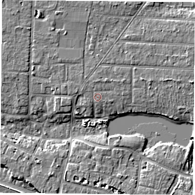 Shaded relief map of the ground around PO122HT, computed from Environment Agency LiDAR. The ground here sits at about 5 m above sea level and falls 7 m across the surrounding 800 m. Surface water reaching this point runs off ground lying to the north, 1.1 m higher.