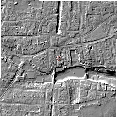 Shaded relief map of the ground around PO122JG, computed from Environment Agency LiDAR. The ground here sits at about 4 m above sea level and falls 8 m across the surrounding 800 m. Surface water reaching this point runs off ground lying to the north, 2.8 m higher.