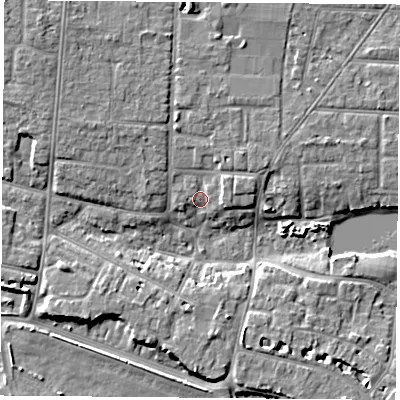 Shaded relief map of the ground around PO122LA, computed from Environment Agency LiDAR. The ground here sits at about 4 m above sea level and falls 6 m across the surrounding 800 m. Surface water reaching this point runs off ground lying to the east-north-east, 2.7 m higher.