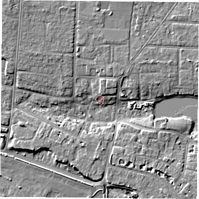 Shaded relief map of the ground around PO122LB, computed from Environment Agency LiDAR. The ground here sits at about 3 m above sea level and falls 6 m across the surrounding 800 m. Surface water reaching this point runs off ground lying to the north-north-east, 2.9 m higher.