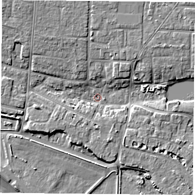 Shaded relief map of the ground around PO122LD, computed from Environment Agency LiDAR. The ground here sits at about 1 m above sea level and falls 9 m across the surrounding 800 m. Surface water reaching this point runs off ground lying to the north-west, 5.8 m higher.