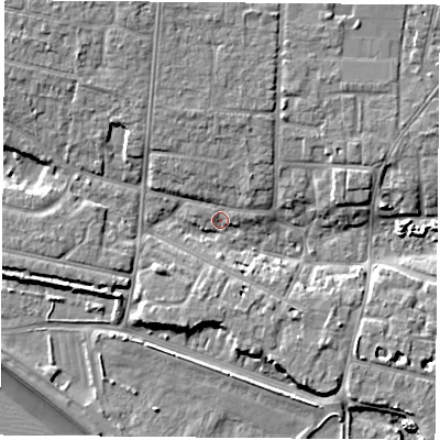 Shaded relief map of the ground around PO122LE, computed from Environment Agency LiDAR. The ground here sits at about 3 m above sea level and falls 9 m across the surrounding 800 m. Surface water reaching this point runs off ground lying to the north-north-west, 5.8 m higher.