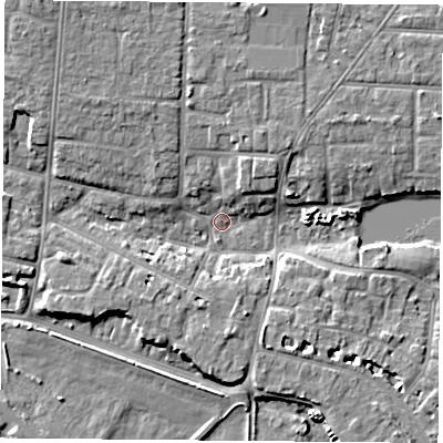 Shaded relief map of the ground around PO122LF, computed from Environment Agency LiDAR. The ground here sits at about 2 m above sea level and falls 6 m across the surrounding 800 m. Surface water reaching this point runs off ground lying to the north-west, 6.1 m higher.