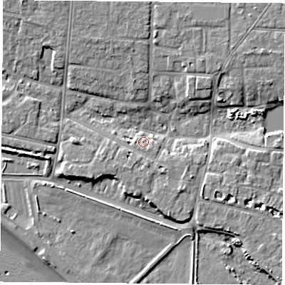 Shaded relief map of the ground around PO122LJ, computed from Environment Agency LiDAR. The ground here sits at about 4 m above sea level and falls 10 m across the surrounding 800 m. Surface water reaching this point runs off ground lying to the south-east, 2.6 m higher.