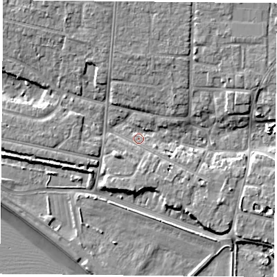 Shaded relief map of the ground around PO122LL, computed from Environment Agency LiDAR. The ground here sits at about 3 m above sea level and falls 9 m across the surrounding 800 m. Surface water reaching this point runs off ground lying to the south-south-east, 2.6 m higher.