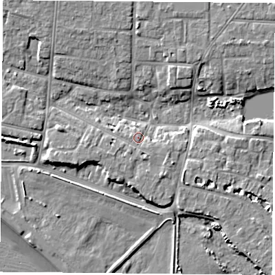 Shaded relief map of the ground around PO122LN, computed from Environment Agency LiDAR. The ground here sits at about 4 m above sea level and falls 9 m across the surrounding 800 m. Surface water reaching this point runs off ground lying to the south-east, 1.9 m higher.