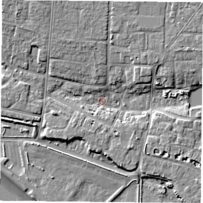 Shaded relief map of the ground around PO122LP, computed from Environment Agency LiDAR. The ground here sits at about 2 m above sea level and falls 9 m across the surrounding 800 m. Surface water reaching this point runs off ground lying to the north-north-west, 5.8 m higher.