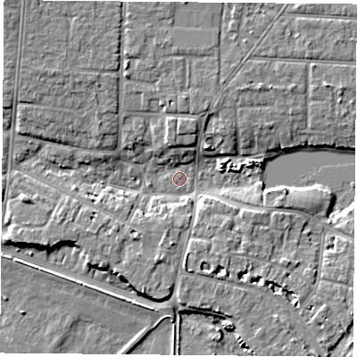 Shaded relief map of the ground around PO122LR, computed from Environment Agency LiDAR. The ground here sits at about 2 m above sea level and falls 6 m across the surrounding 800 m. Surface water reaching this point runs off ground lying to the north-west, 5.3 m higher.