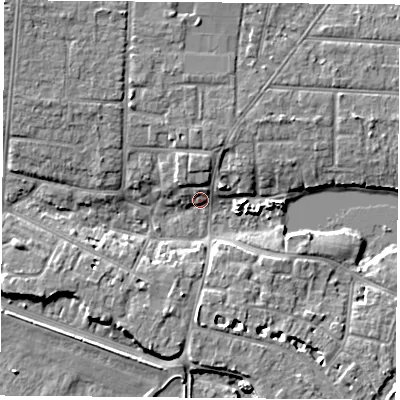 Shaded relief map of the ground around PO122LS, computed from Environment Agency LiDAR. The ground here sits at about 3 m above sea level and falls 6 m across the surrounding 800 m. Surface water reaching this point runs off ground lying to the north-west, 5.5 m higher.