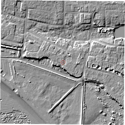 Shaded relief map of the ground around PO122LU, computed from Environment Agency LiDAR. The ground here sits at about 5 m above sea level and falls 9 m across the surrounding 800 m. Surface water reaching this point runs off ground lying to the north-east, 1.1 m higher.