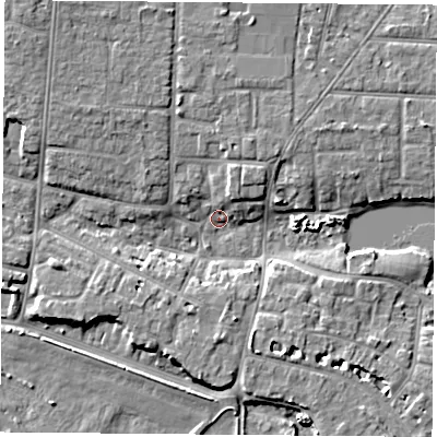 Shaded relief map of the ground around PO122LX, computed from Environment Agency LiDAR. The ground here sits at about 2 m above sea level and falls 6 m across the surrounding 800 m. Surface water reaching this point runs off ground lying to the north-west, 6.1 m higher.