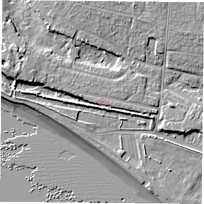 Shaded relief map of the ground around PO122LY, computed from Environment Agency LiDAR. The ground here sits at about 5 m above sea level and falls 11 m across the surrounding 800 m. Surface water reaching this point runs off ground lying to the west-north-west, 1.3 m higher.